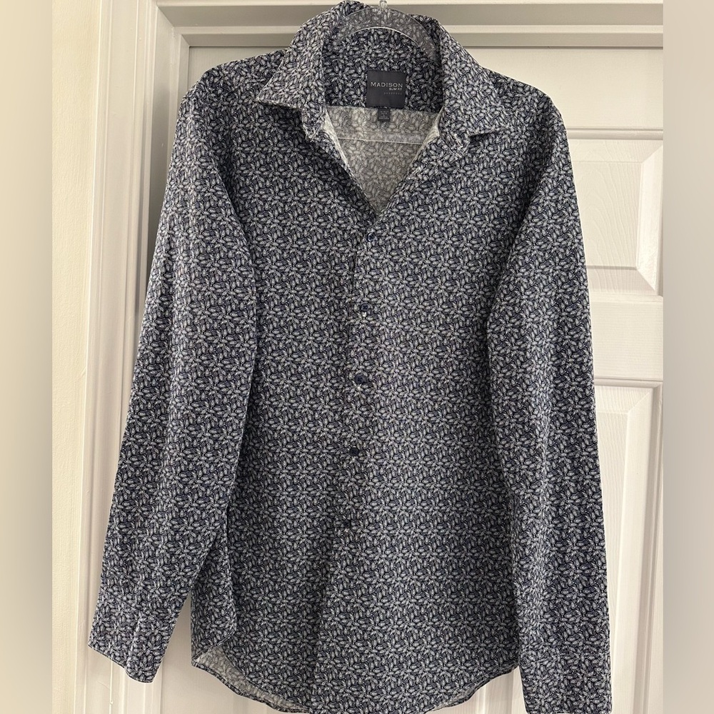 Madison Men’s Slim Fit Button Down Long Sleeve Floral Gray‎ Shirt Size L